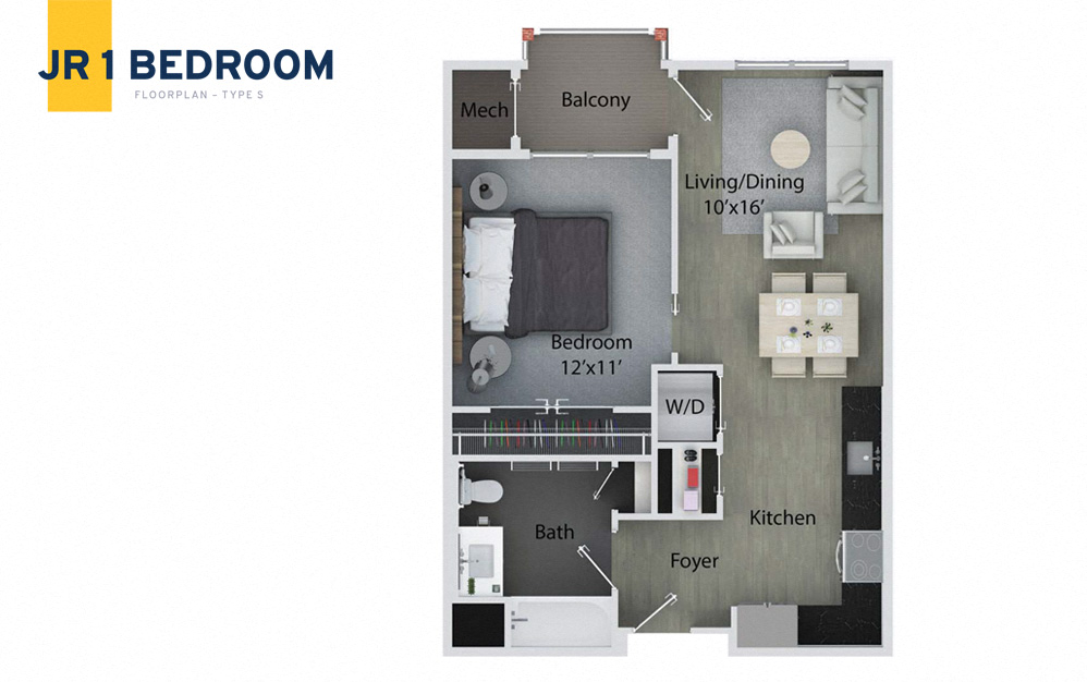 Floor plan for 1 bed, 1 bath, 592 sqft